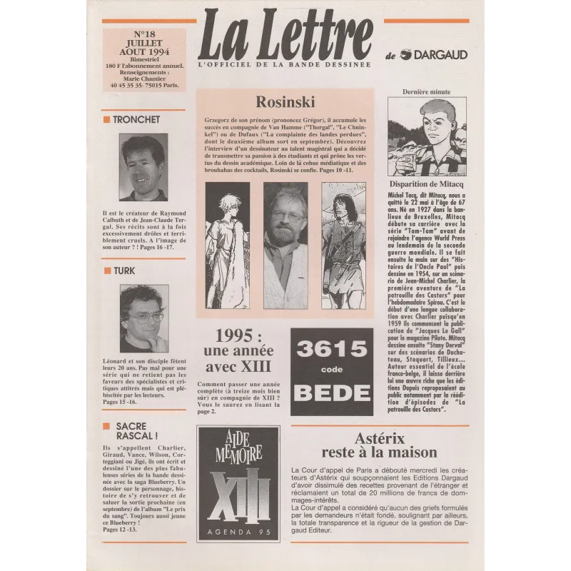 La lettre de Dargaud (18) - Rosinski - Disparition de Mitacq