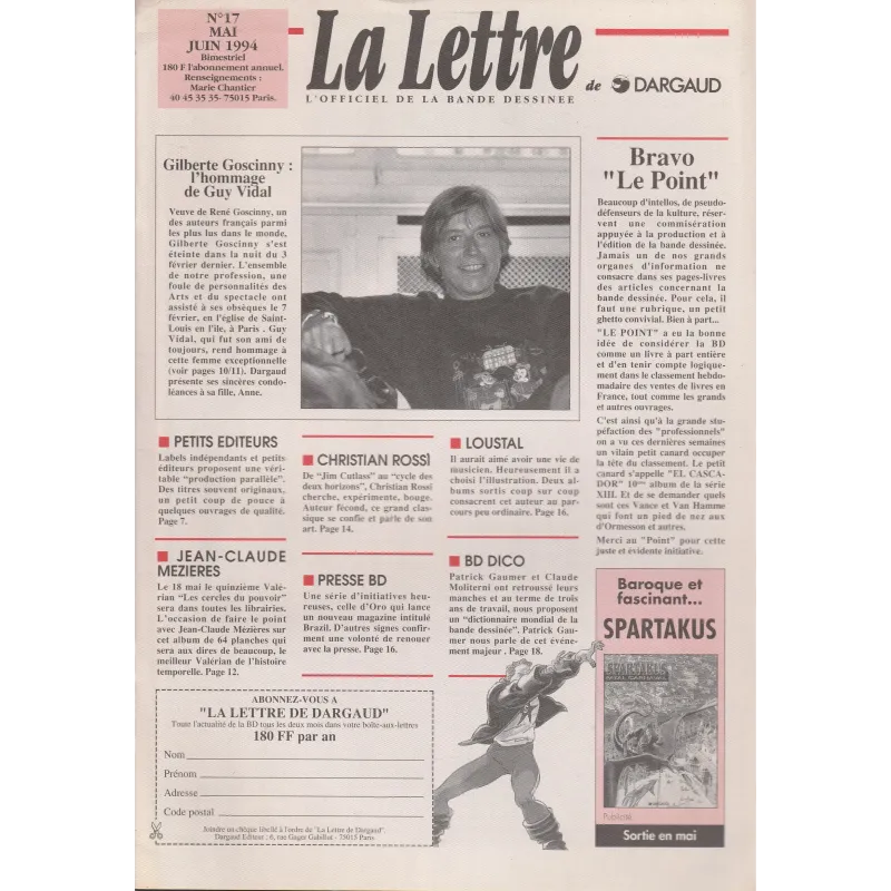 La lettre de Dargaud (17) - Gilberte Goscinny l'hommage de Guy Vidal