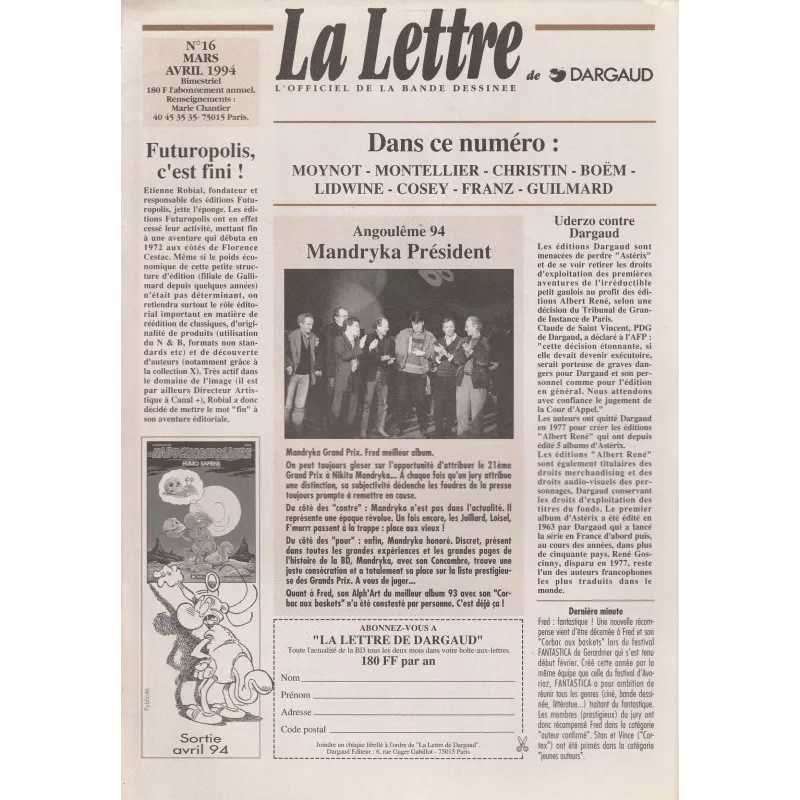 La lettre de Dargaud (16) - Moynot - Montellier - Christin -Boëm - Lidwine - Cosey .....